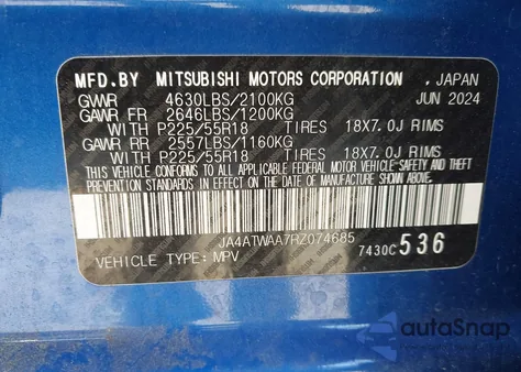 2024 Mitsubishi Eclipse Cross Se S-Awc/Sel S-Awc z USA, uszkodzony, nr VIN JA4ATWAA7RZ074685